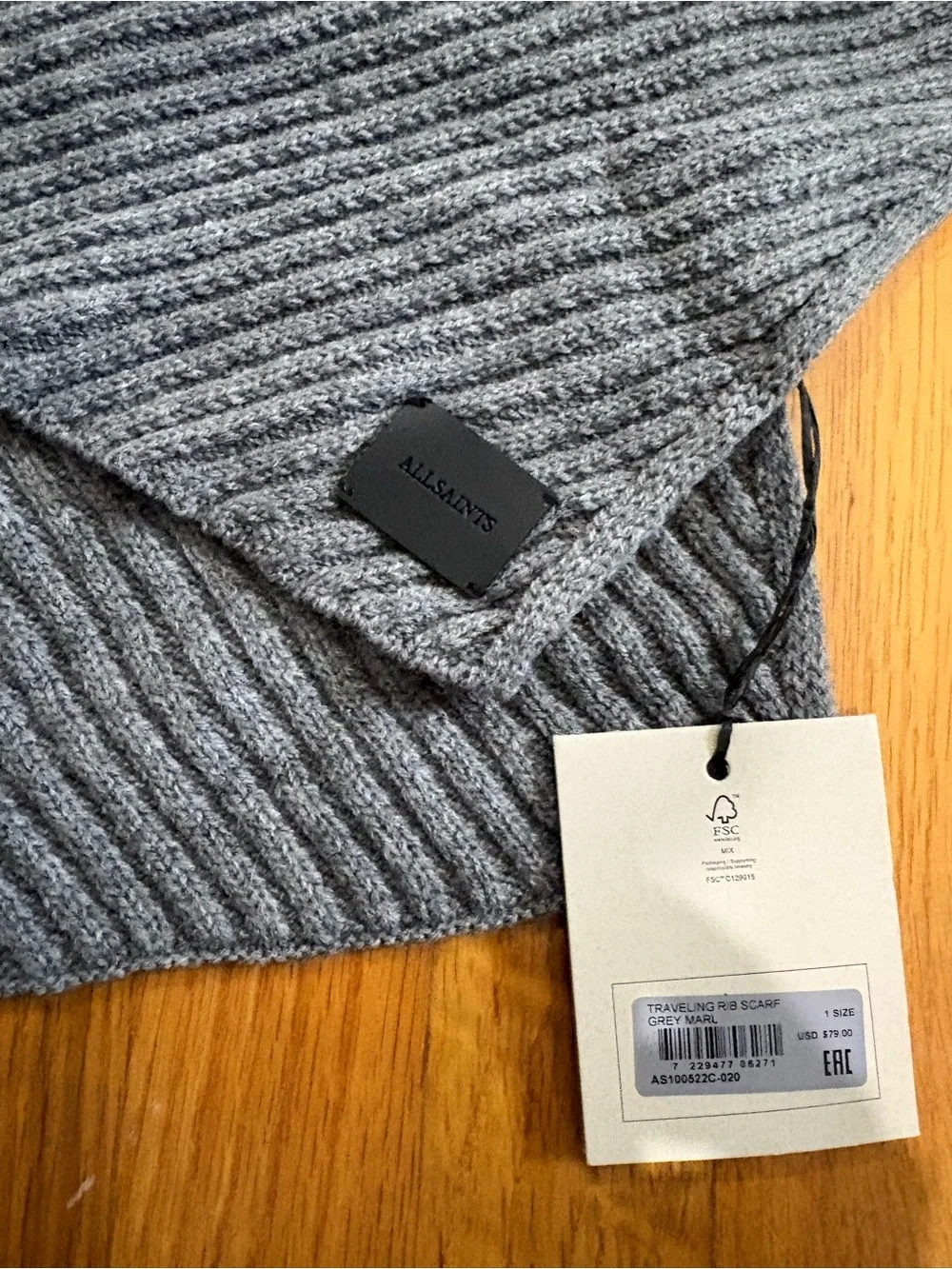 AllSaints Traveling Rib Scarf Grey Marl NWT Unisex Wool Blend $79